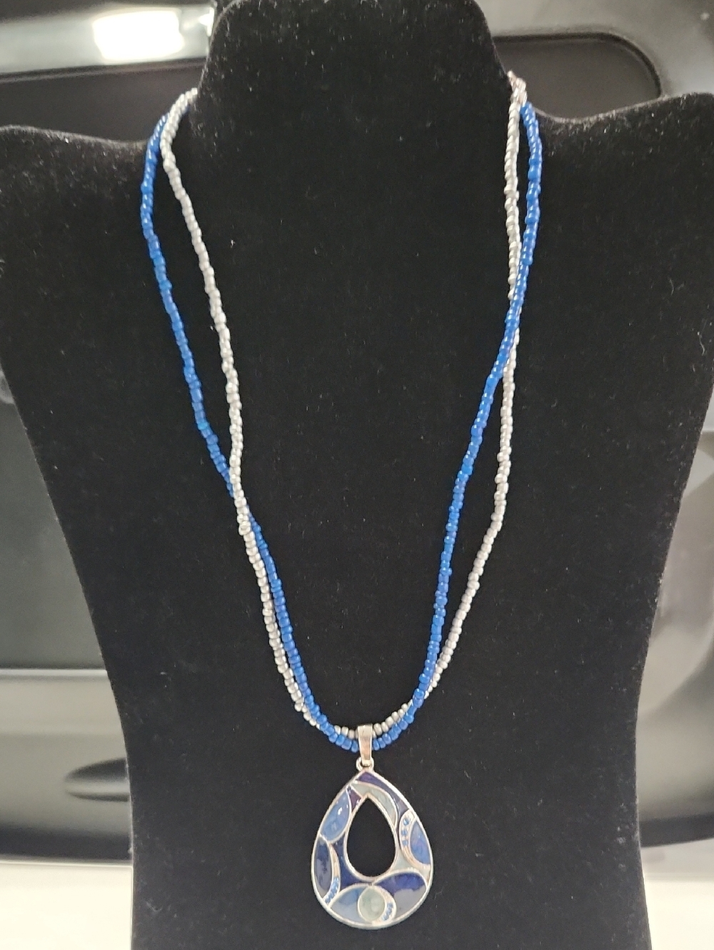 Blue & Silver Beaded Necklace with Teardrop Pendant 17" - 20"